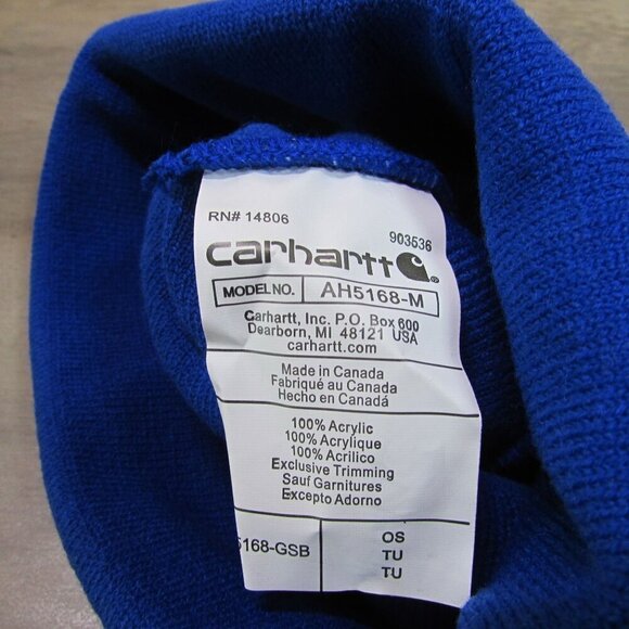 Carhartt Knit Pom Pom Cuffed Logo Beanie Stocking Cap Hat Blue/White AH5168 - Picture 3 of 3
